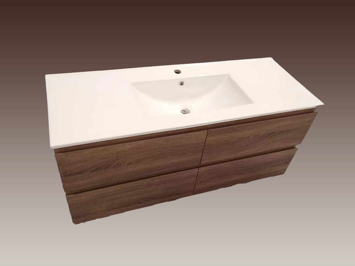 Oak Brown Timber WallHung Bathroom Vanity Ceramic Top Integrated Basi