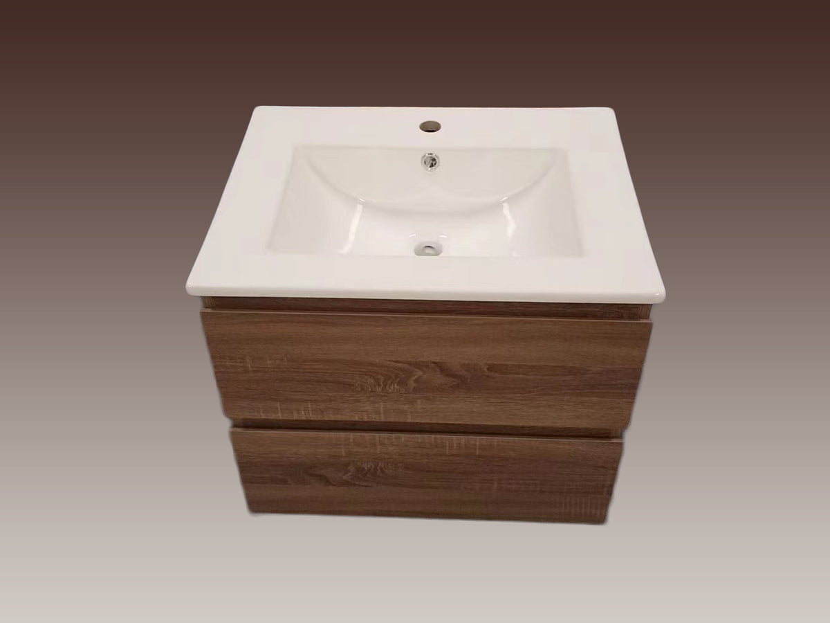 Oak Brown Timber WallHung Bathroom Vanity Ceramic Top Integrated Basi