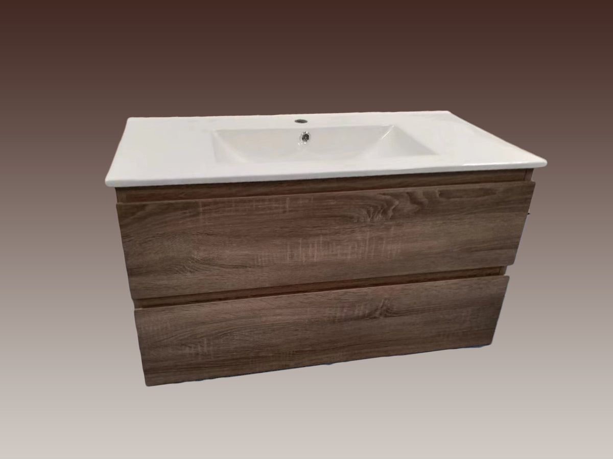 Oak Brown Timber WallHung Bathroom Vanity Ceramic Top Integrated Basi