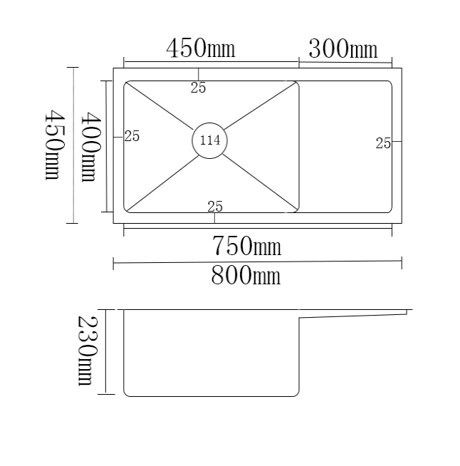 CT-8045 Single Bowl Sink with Draining Board | SUS304 Stainless Steel | 800×450×230mm