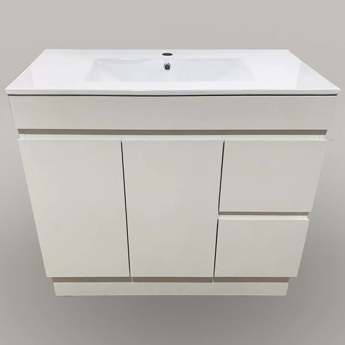 Free-standing White Bathroom Vanity with Ceramic Top Integrated Basin - B6001F-90R