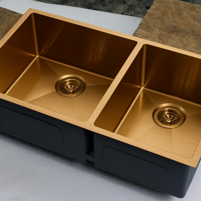 CT-7643G Undermount Double Bowl Sink | Nano Zircon Gold SUS304 Stainless Steel | 760×430×228mm | Offset Drains | R10 Corners