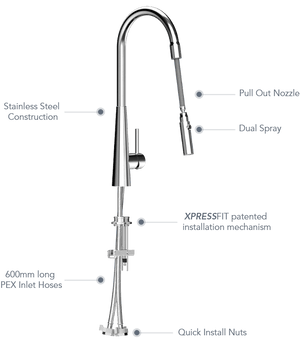 Alfresco Mixer 316 Marine Grade Stainless Steel Pull down system duel function - XFIT2010RKM / XFIT2010RKM_CP /XFIT2010RKM_GM
