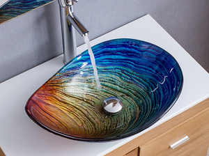 Top mount Art Basin Multi-coloured Tempered Glass Basin Drop Shape Shell Shape