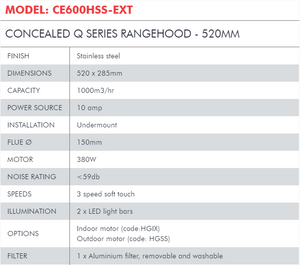 Di Lusso Concealed Q Series Rangehood - 520MM-CE600HSS-EXT