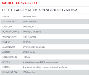 Di Lusso T STYLE CANOPY OUTDOOR MOTOR RANGEHOOD - 600MM-CH624SL-EXT