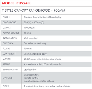 Di Lusso T STYLE CANOPY RANGEHOOD - 900MM CH924SL