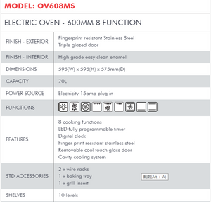 Di Lusso ELECTRIC OVEN - 600MM 8 FUNCTION OV608MS
