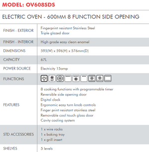 DI LUSSO ELECTRIC OVEN - 600MM 8 FUNCTION SIDE OPENING - OV608SDS
