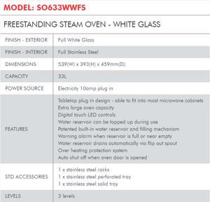 Di Lusso FREESTANDING STEAM OVEN - WHITE GLASS SO633WWFS
