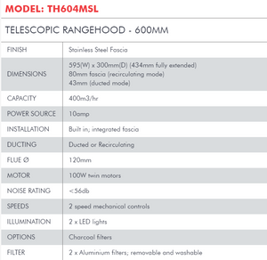 Di Lusso TELESCOPIC RANGEHOOD - 600MM TH604MSL
