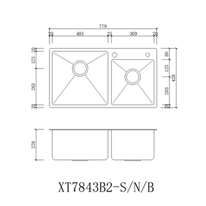 Double Bowl Rectangular Stainless Steel Sink Undermount Top Mount - XBD-XT7240B2\XT7843B2\XT8245B2 (N)
